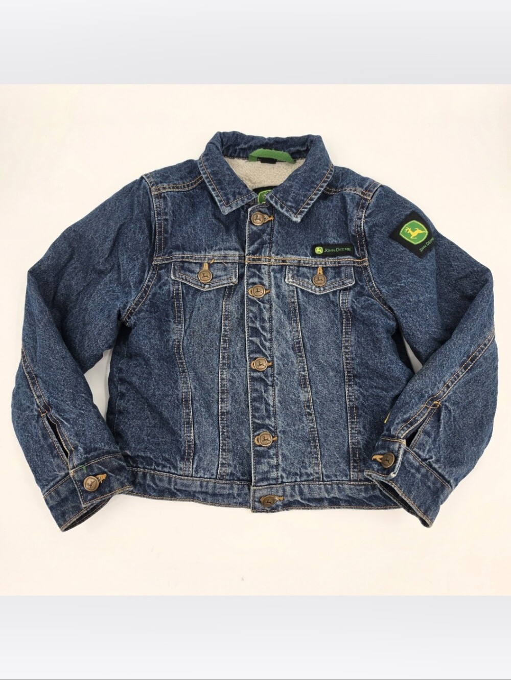John Deere Kuds Trucker Jacket XS 4-5 Denim Sherpa Lined Embroidered Patch Logo
